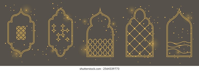 Collection of Islamic windows, arches, door mosques, and mosque domes for Ramadan Kareem and Eid Mubarak. Modern Arabian windows and arches set.