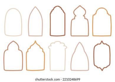 Collection of islamic windows and arches in oriental style with modern boho design, moon, mosque dome and lanterns. Vector illustration.