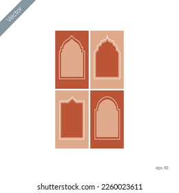 Collection of Islamic Windows And Arches In Oriental Style With Modern Boho Design, Moon, Mosque Dome, And Lanterns