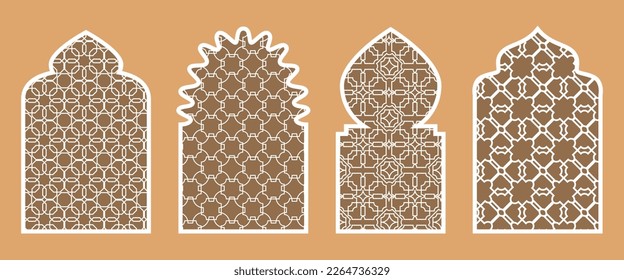Collection of Islamic windows and arches in the Oriental Ramadan style with a modern design. Texture on the windows. Islam, India, Eastern countries. A set of windows and doorways of different colors