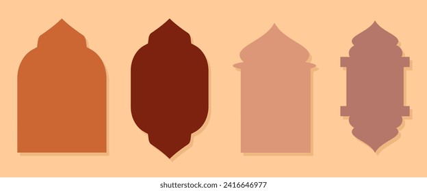 Colección de ventanas y arcos islámicos de estilo estético oriental con diseños modernos de boho, lunas, cúpulas de mezquitas y linternas. Adecuado para diseño o impresión con temas islámicos.