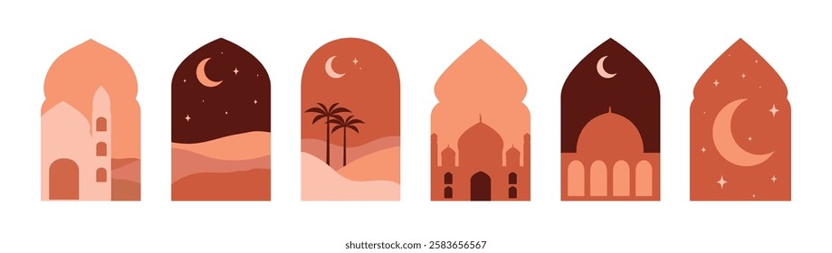 Collection of Islamic windows, arches in oriental style with modern boho design. View from window to moon, mosque, desert. Frames with Arabic Muslim landscape for Ramadan Kareem isolated on white