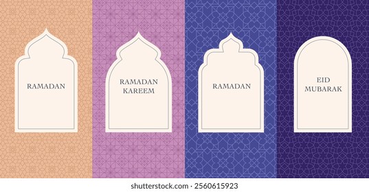 Collection of Islamic windows, mosque doors, frames and arches. Arabic oriental style vector elements for Ramadan Kareem and Eid Mubarak.