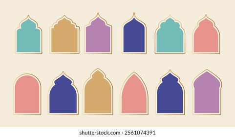 Collection of Islamic windows, mosque doors, frames and arches. Arabic oriental style vector elements for Ramadan Kareem and Eid Mubarak.