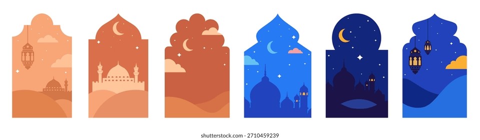 Collection of Islamic windows, mosque doors, frames and arches. Arabic oriental style vector elements for Ramadan Kareem and Eid Mubarak.
