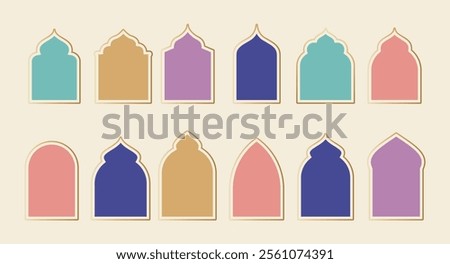 Collection of Islamic windows, mosque doors, frames and arches. Arabic oriental style vector elements for Ramadan Kareem and Eid Mubarak.