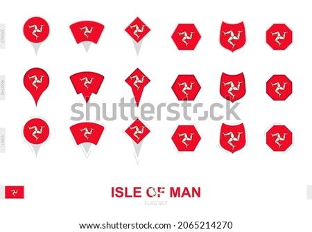 Collection of the Isle of Man flag in different shapes and with three different effects. Vector flag set.