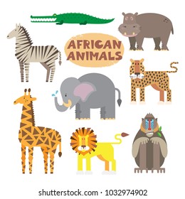 Collection of isolated african animals. Vector illustration. Cartoonish primitive style.