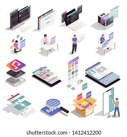 Collection of isolated application development isometric icons with conceptual images computer screens gadgets and human characters vector illustration