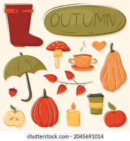 Collection of isolated autumn doodle elements in warm cozy colors.