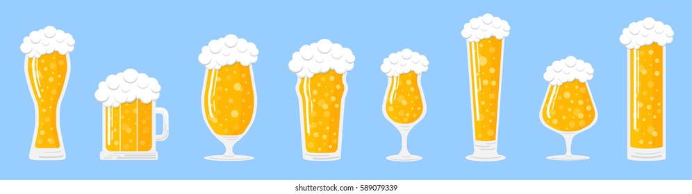 Collection of isolated beer glasses. Vector illustration.