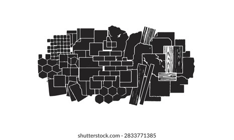 a collection of isolated black construction materials showcasing various textures including brick stone wood and tile
