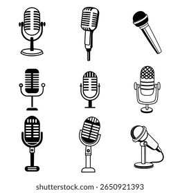 uma coleção de ícones isolados de microfone preto em estilo vetorial, perfeito para áudio, podcast, música e gravação de projetos digitais temáticos e projetos criativos.