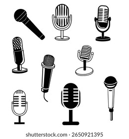 uma coleção de ícones isolados de microfone preto em estilo vetorial, perfeito para áudio, podcast, música e gravação de projetos digitais temáticos e projetos criativos.