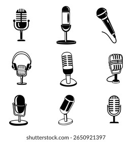 uma coleção de ícones isolados de microfone preto em estilo vetorial, perfeito para áudio, podcast, música e gravação de projetos digitais temáticos e projetos criativos.