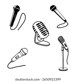 uma coleção de ícones isolados de microfone preto em estilo vetorial, perfeito para áudio, podcast, música e gravação de projetos digitais temáticos e projetos criativos.