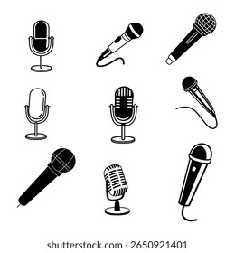 uma coleção de ícones isolados de microfone preto em estilo vetorial, perfeito para áudio, podcast, música e gravação de projetos digitais temáticos e projetos criativos.