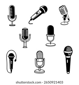 uma coleção de ícones isolados de microfone preto em estilo vetorial, perfeito para áudio, podcast, música e gravação de projetos digitais temáticos e projetos criativos.