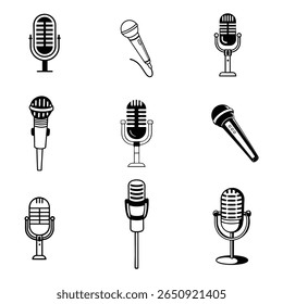 uma coleção de ícones isolados de microfone preto em estilo vetorial, perfeito para áudio, podcast, música e gravação de projetos digitais temáticos e projetos criativos.