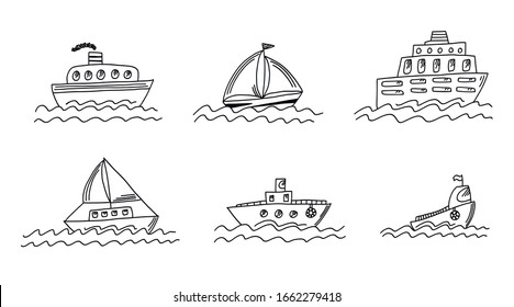 Collection of isolated black outline doodle ship, yacht, boat, sailboat. Set of cute sketchy hand drawn sea transport with waves for emblem design, kids books and apps