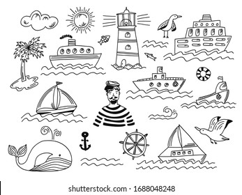 Collection isolated black outline doodle marine transport and waves  lighthouse  seagull  whale   sailor man  Set cute hand drawn sea objects for emblem design  coloring books   apps  logo