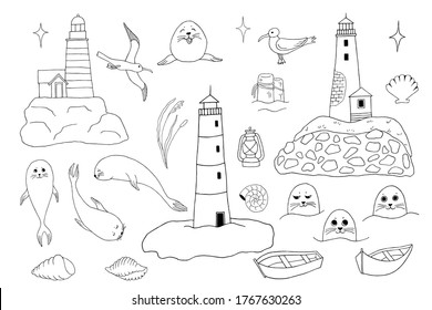 Collection of isolated black outline doodle with lighthouses, seagulls, seals, boats with oars, reeds and shells. Set of cute hand drawn sea objects for emblem design, coloring books, cards.