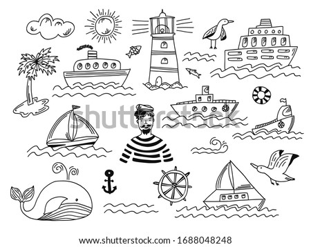 Collection of isolated black outline doodle marine transport with waves, lighthouse, seagull, whale and sailor man. Set of cute hand drawn sea objects for emblem design, coloring books and apps, logo