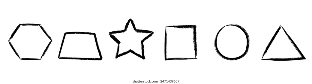 Collection isolated black outline hand drawn geometric shapes with crayon rough edges. Childish vector illustration.