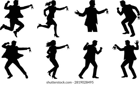 A collection of isolated black vector silhouettes featuring businessmen and businesswomen celebrating, running, jumping, and holding up keys in excitement.