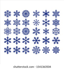 Collection of isolated blue winter snow on a white background. Snowflake icon. Collection of snowflakes for Christmas and New Year card banner designs.