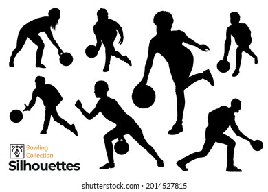 Collection of isolated bowling players silhouettes. People in different poses having fun.