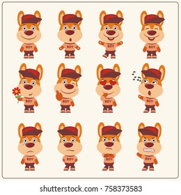 Collection of isolated bunny rabbit boy in clothes and cap in cartoon style.