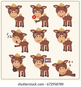Collection isolated camel in different poses in cartoon style.