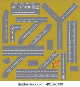 Collection of Isolated, can be connected Highway Elements. You can move some parts of elements in needed way.  Set of few arrows and dividing strip, you can add any of them whereever you want 