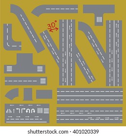 Collection of Isolated, can be connected Highway Elements. You can move some parts of elements in needed way.  Set of few arrows and dividing strip, you can add any of them whereever you want 