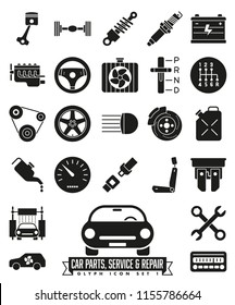 Collection of isolated car parts, service and repair glyph icons. Automotive symbols set 1.