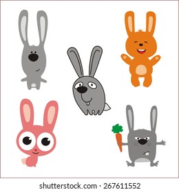 Collection isolated cartoon funny bunny rabbits on white background.
