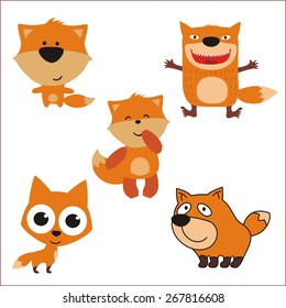 Collection isolated cartoon funny fox on white background.