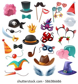 Collection of isolated cartoon icons with props for masquerade so as mask monocle bowler cylinder nose moustache vector illustration