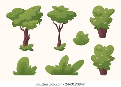 Collection of isolated cartoon vector trees and bushes. Summer green plants.