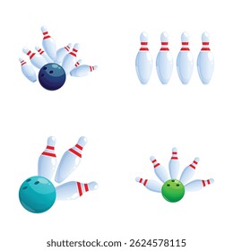 Collection of isolated cartoonstyle bowling pins and balls in different positions