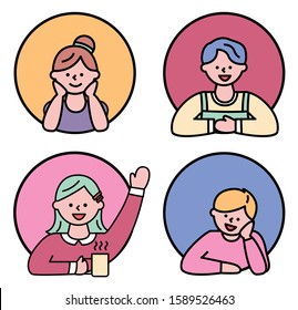 Collection of isolated characters, kids or teenagers smiling. People expressing emotions on face. Circles with personages, boys and girls. Dreamy female and laughing guy, vector in flat style