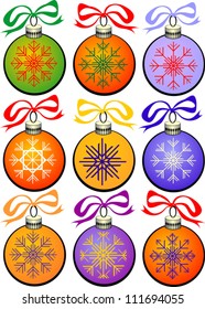 Collection of Isolated Christmas Balls with Snowflakes on White Background, Vector Clip-Art Illustration