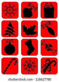 Collection of Isolated Christmas Icons on Red Background, Vector Illustration