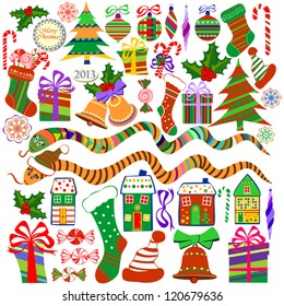 Collection of Isolated Christmas Objects on White Background, Vector Illustration