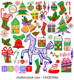 Collection of Isolated Christmas Objects on White Background, Vector Illustration