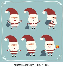 Collection of isolated Christmas Santa Claus in cartoon style.