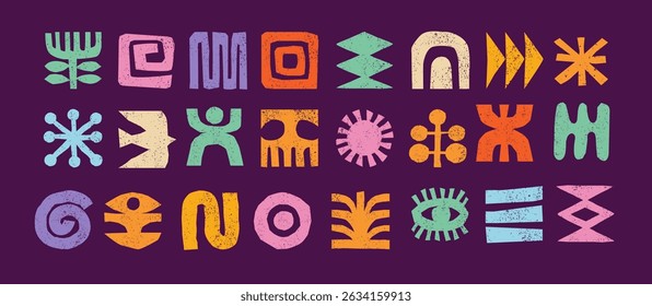 Collection of isolated colorful African tribal symbols in hand drawn vector style. Grunge ethnic geometric icon set.
