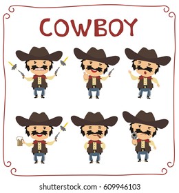 Collection isolated cowboy in different poses on white background.
