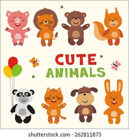 Collection of isolated cute animals - pig, lion, bear, squirrel, panda, cat, dog, rabbit.